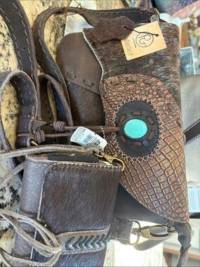Turquoise Accent Brown Leather Crossbody Bag with wallet